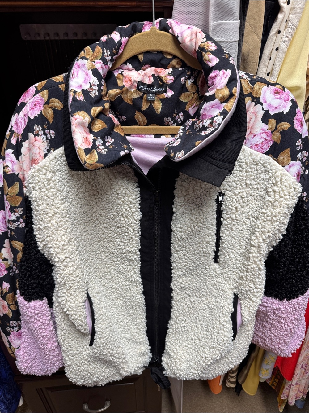 For Love & Lemons Black Floral Sherpa Jacket with Cream and Pink Accents - Picture 7 of 7